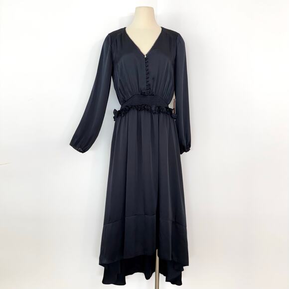 Monique Lhuillier ML Navy Satin Dress High-Low Long Sleeve V-Neck 4 NWT - Picture 3 of 16